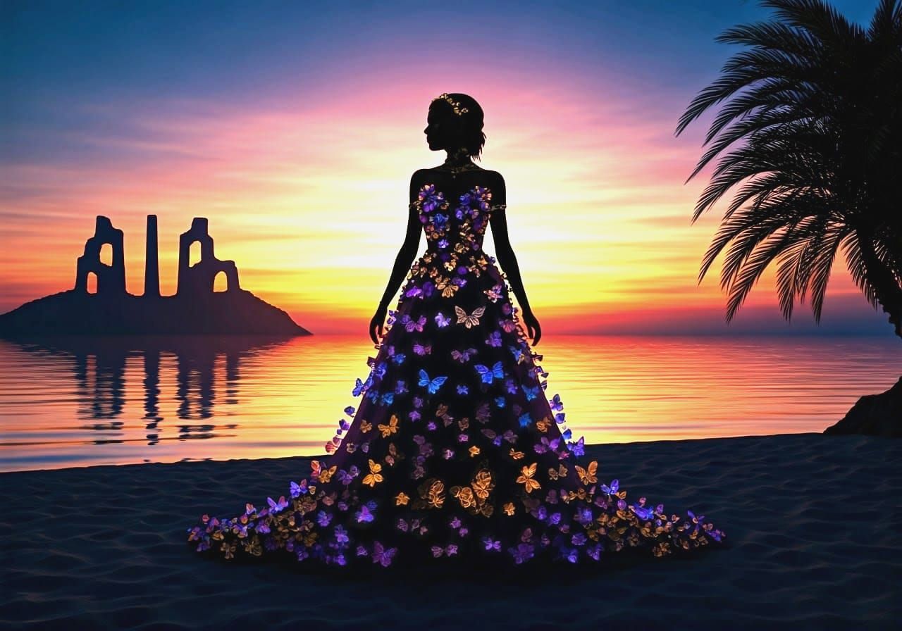 Woman in a Glowing Butterfly Gown on a Serene Beach at Sunse...