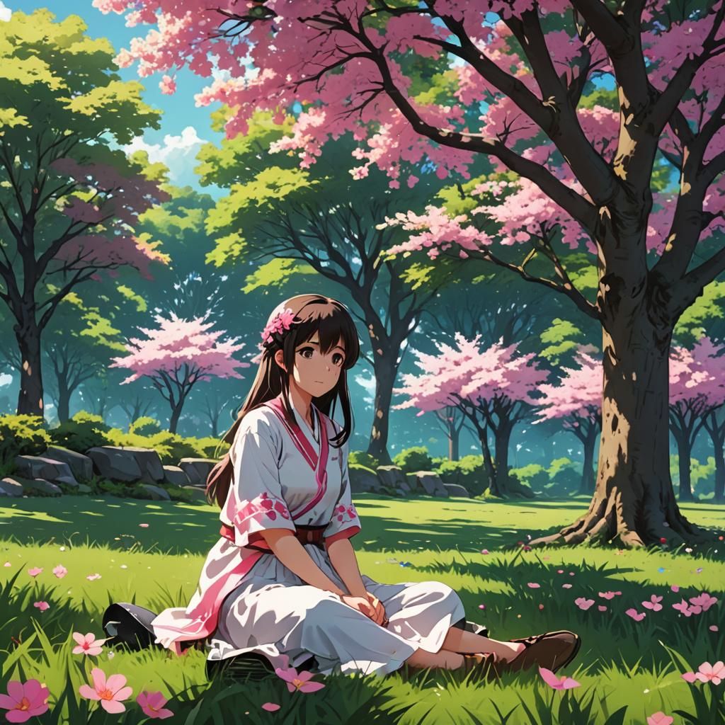 Anime Ninetales in Pink Blossom Meadow