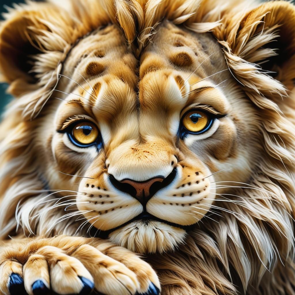 Microscopic Lion on Human Thumb: Hyper-Realistic Close-Up