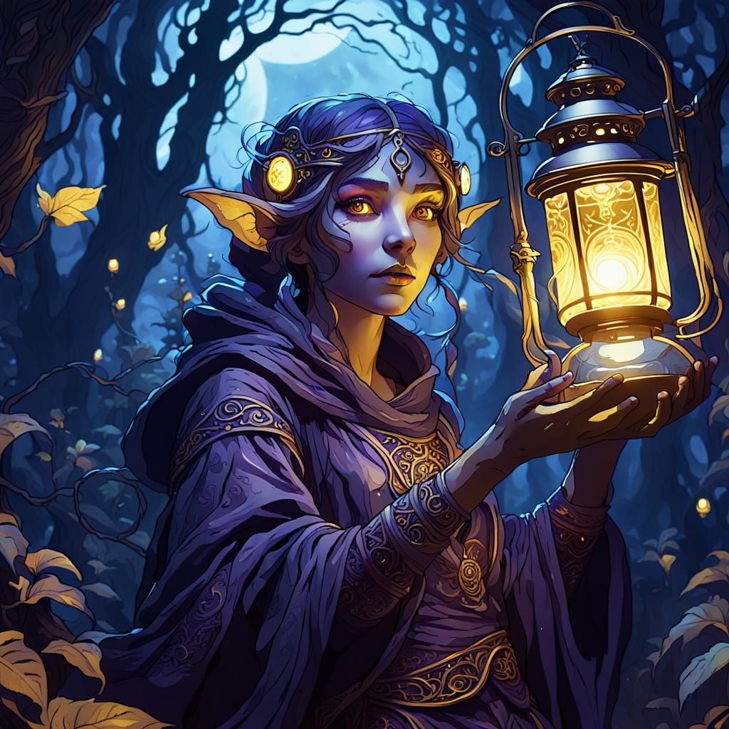 Elfin Trainer in Moonlit Forest, Art Nouveau Style