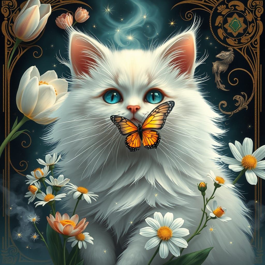 beautiful white bimbo cat with blue eyes, metamorphosis, chamomile, glitter, surrealism, art Deco, fractal, dandelion, b...