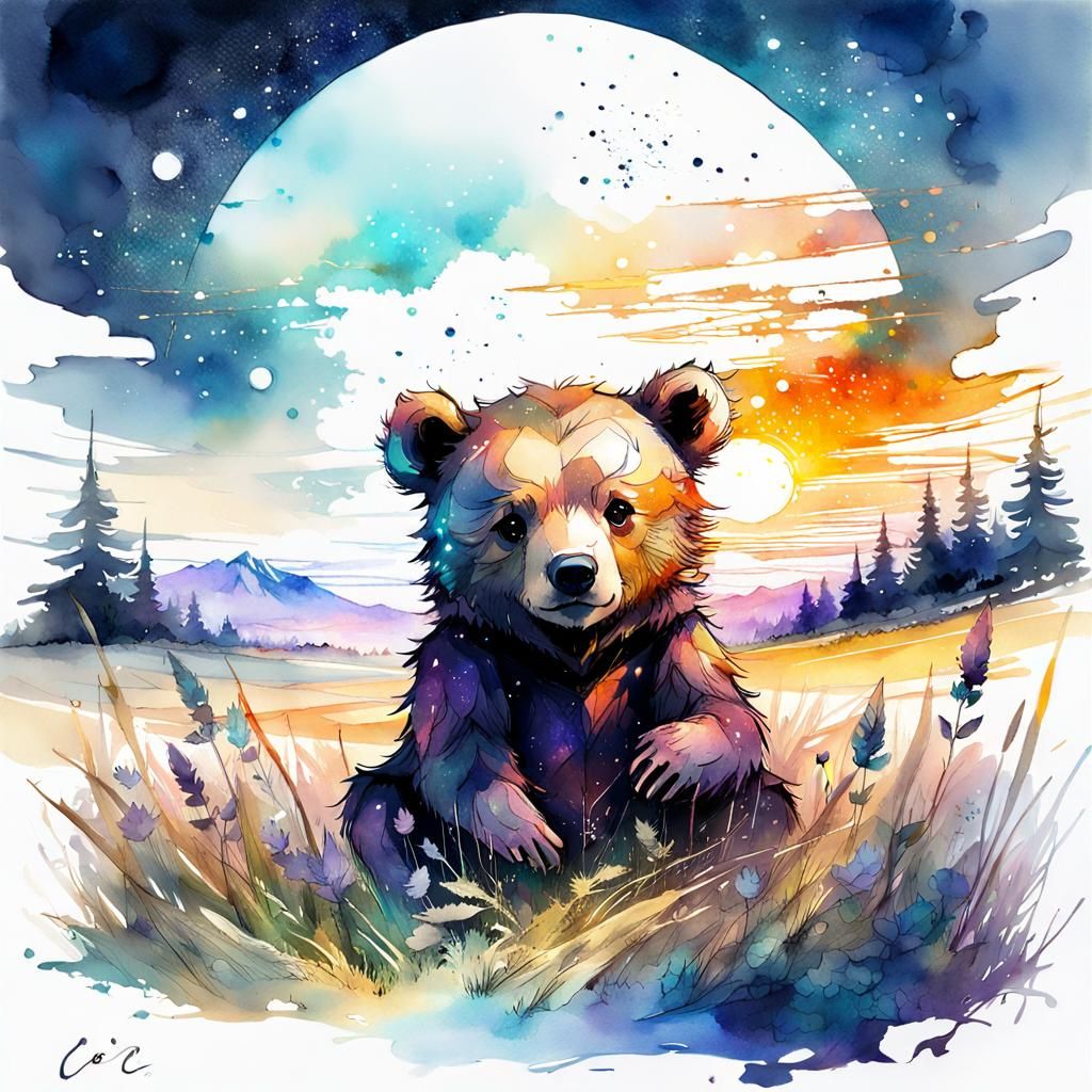 Chibi Bear's Night Meadow: Digital Watercolor Illustration