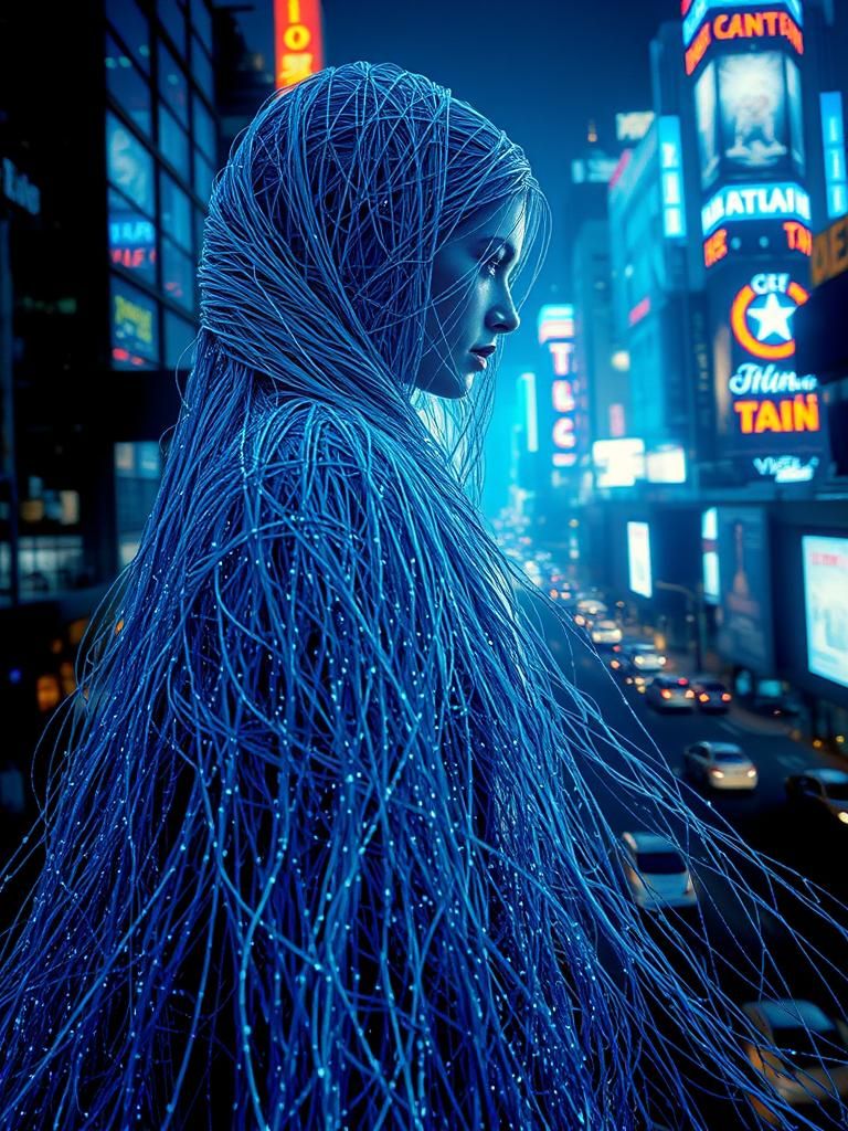 Platinum Stringed Woman in Metallic Cityscape Fantasy Art