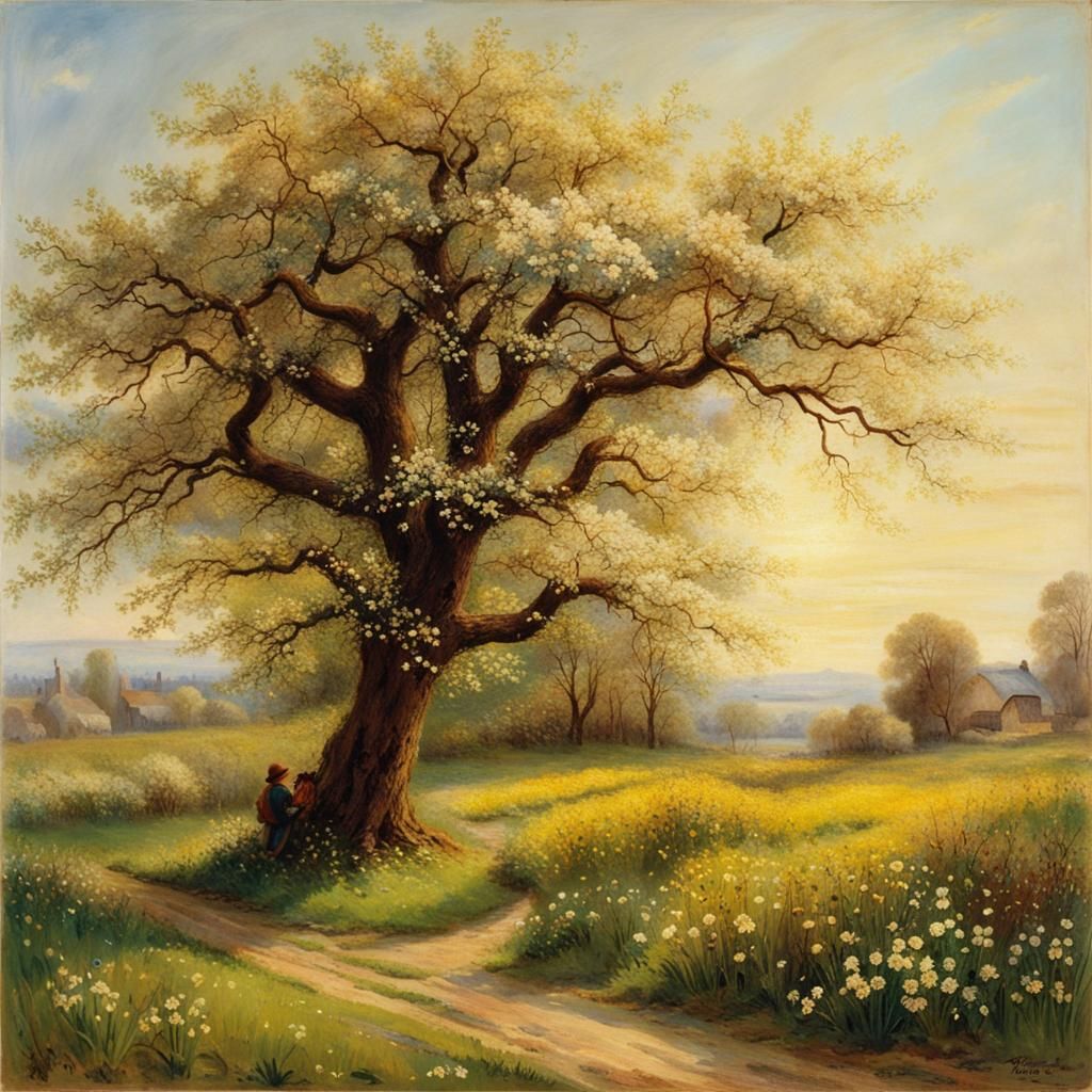 Spring Tree in Sunlight, Pastoral Art Style