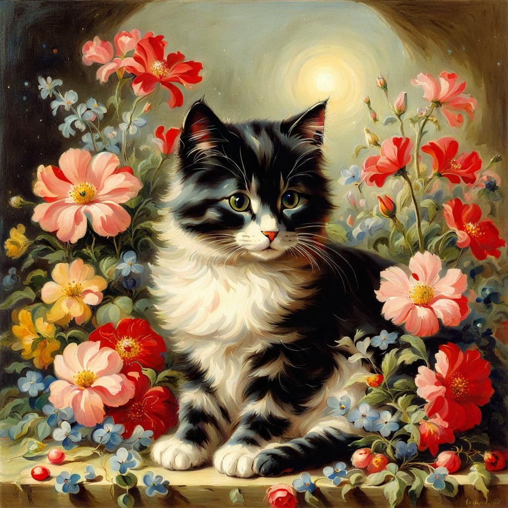 Cat Surrounded by Flowers in Romantic Painting Style