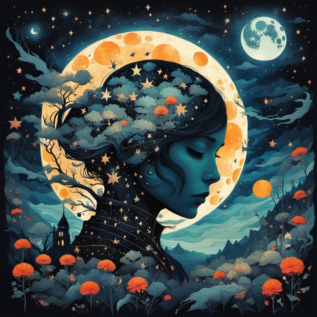 Macabre Starry Night Fantasy Collage in Anime Style