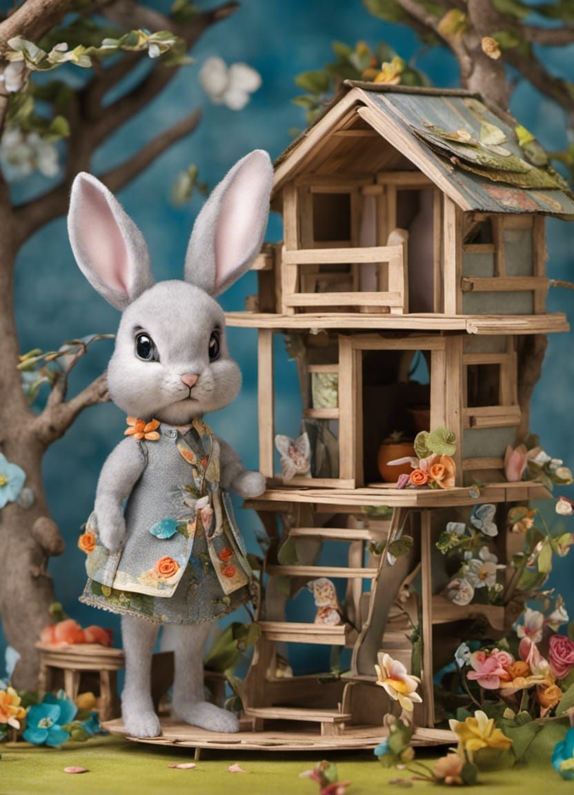 Bunny in Treehouse with Paper Doll, Popmart Style