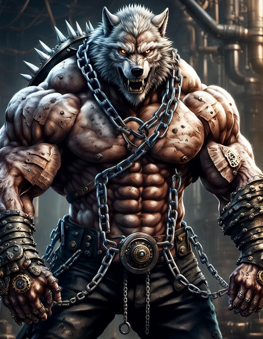 anthropomorphic Wolf man with massive muscular muscle ,8k resolution concept art with chains,spikes and huge claws