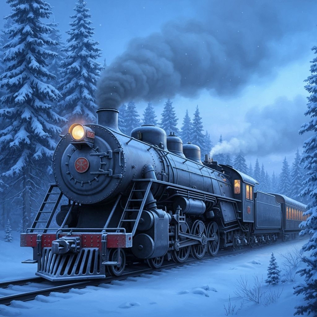 Art Nouveau Steam Train in Snowy Forest