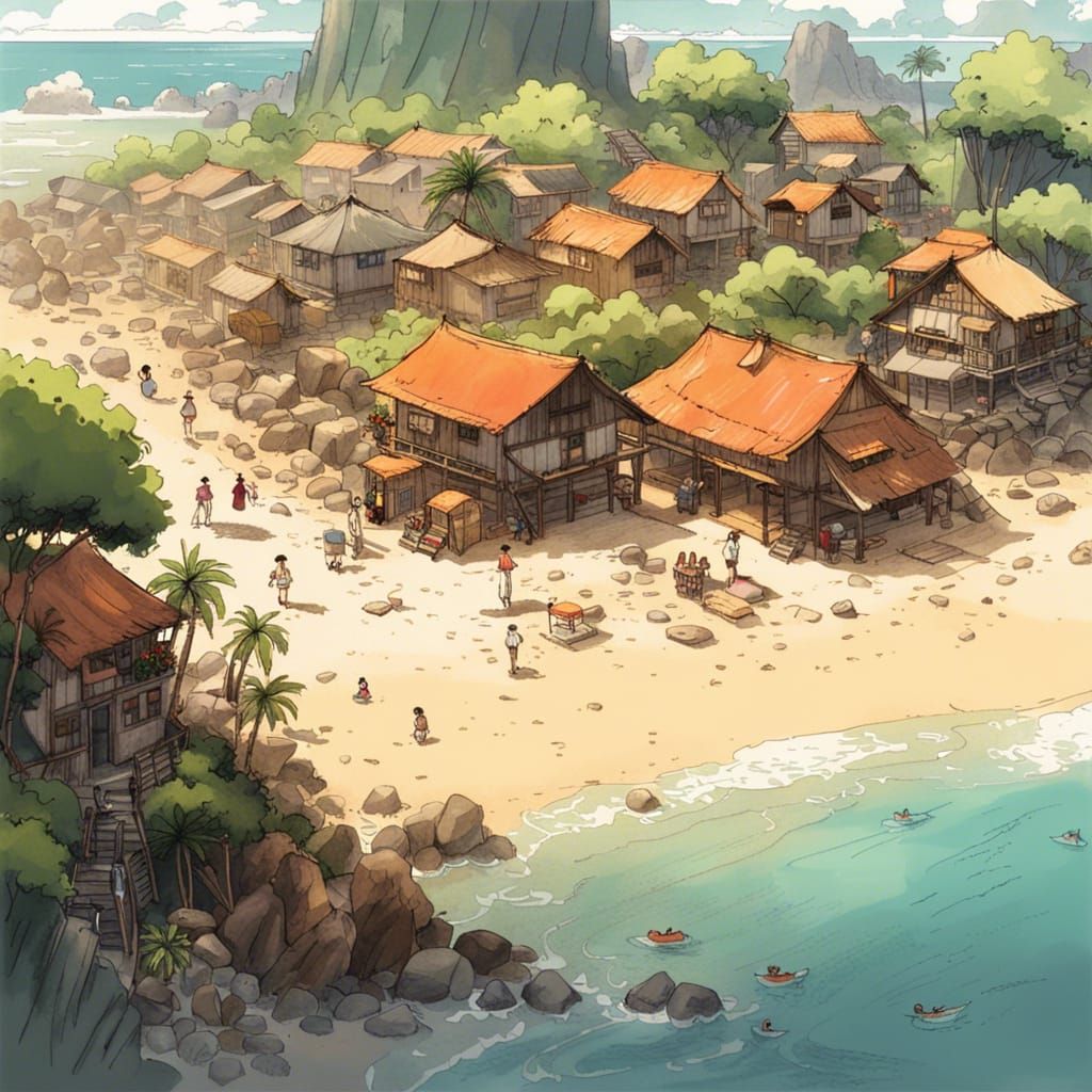 Beach Village: Anime Style Painting