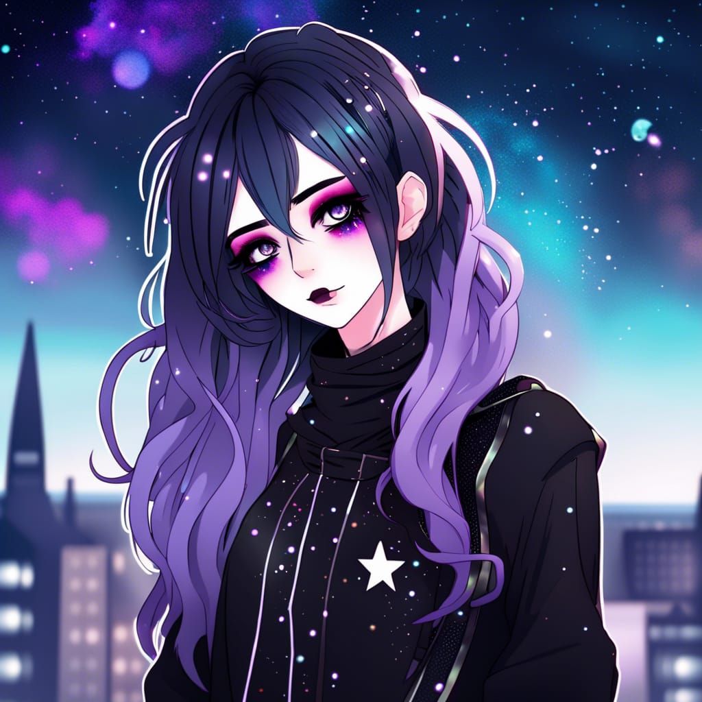 Anime-Style Non-Binary Goth with Galaxy Eyes