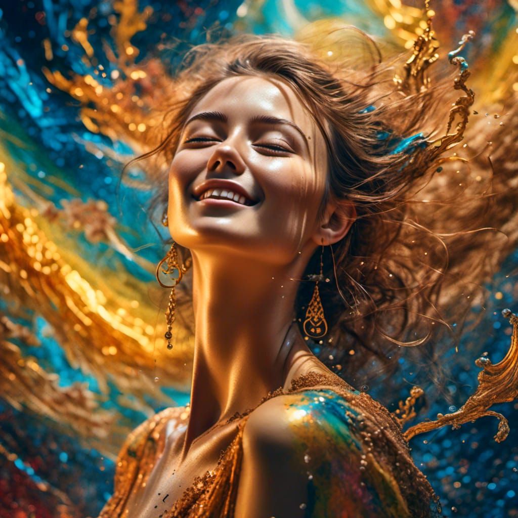 Joyful Woman Portrait in Colored Ink Illustration