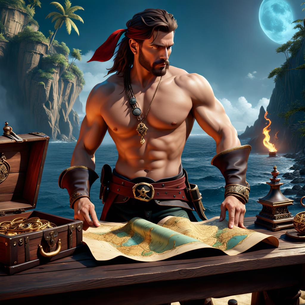 Pirate Reveals Treasure Map in Fantasy Concept Art