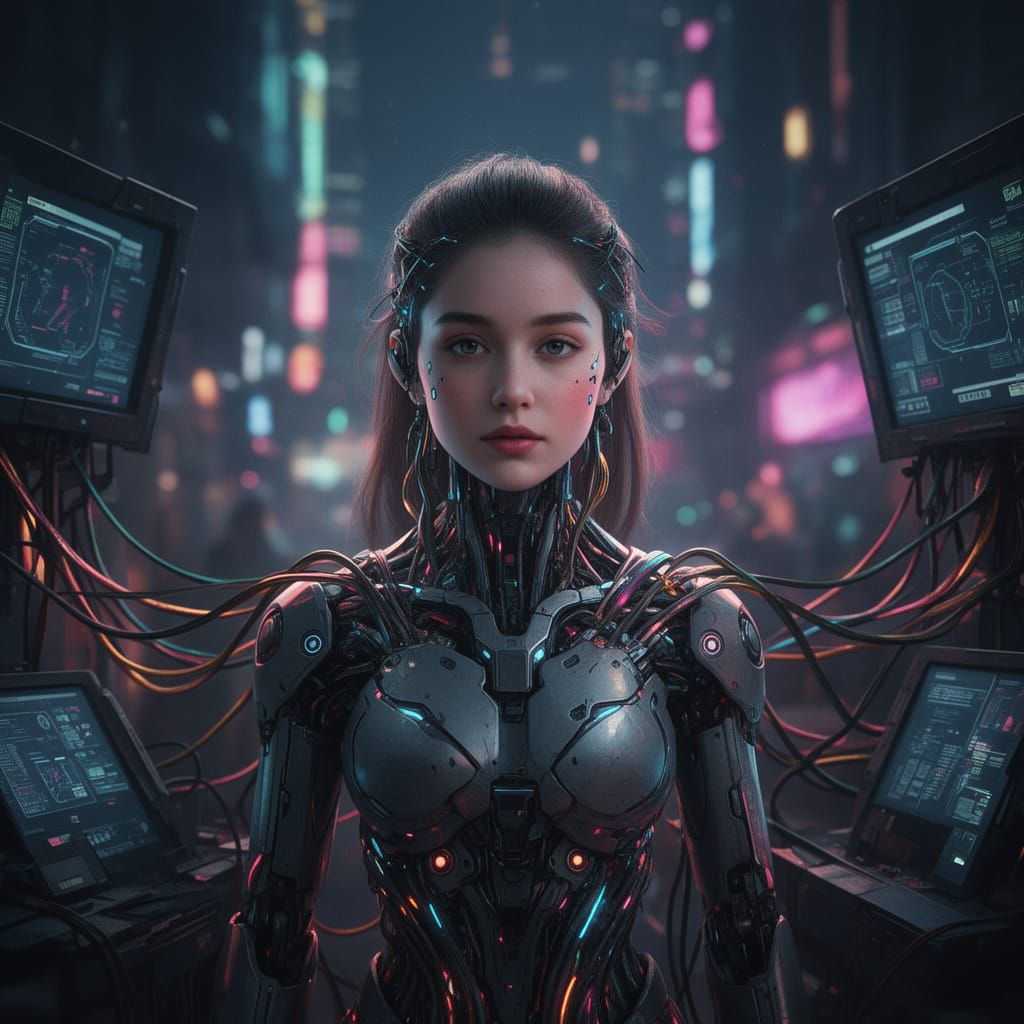 Android Girl in Cyberpunk Cityscape with Futuristic Monitors