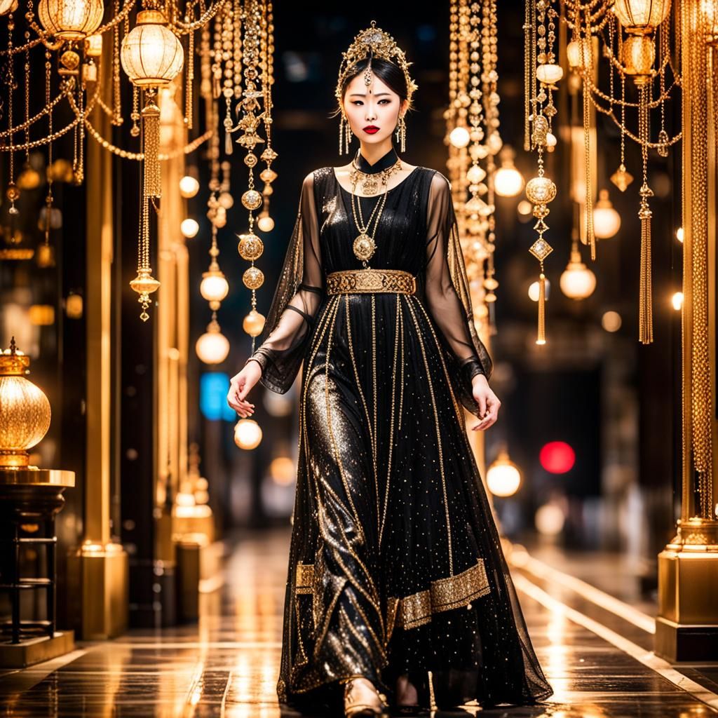 Gorgeous Fashion model wearing a beautiful chic design black sparkle long traditional princess Chinese dress with lot of...