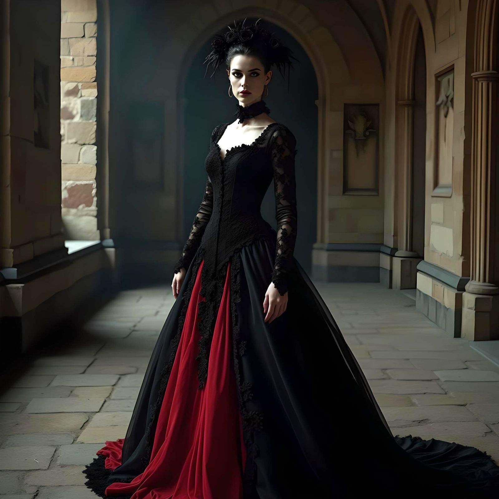 Gothic Vampire in Castle with Red and Black Dress