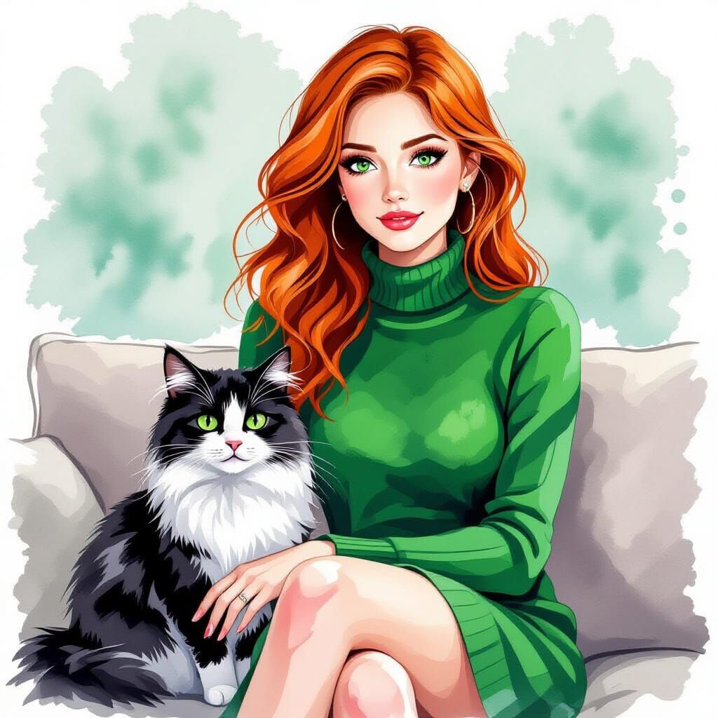 Woman and Cat on Couch in Watercolor Style