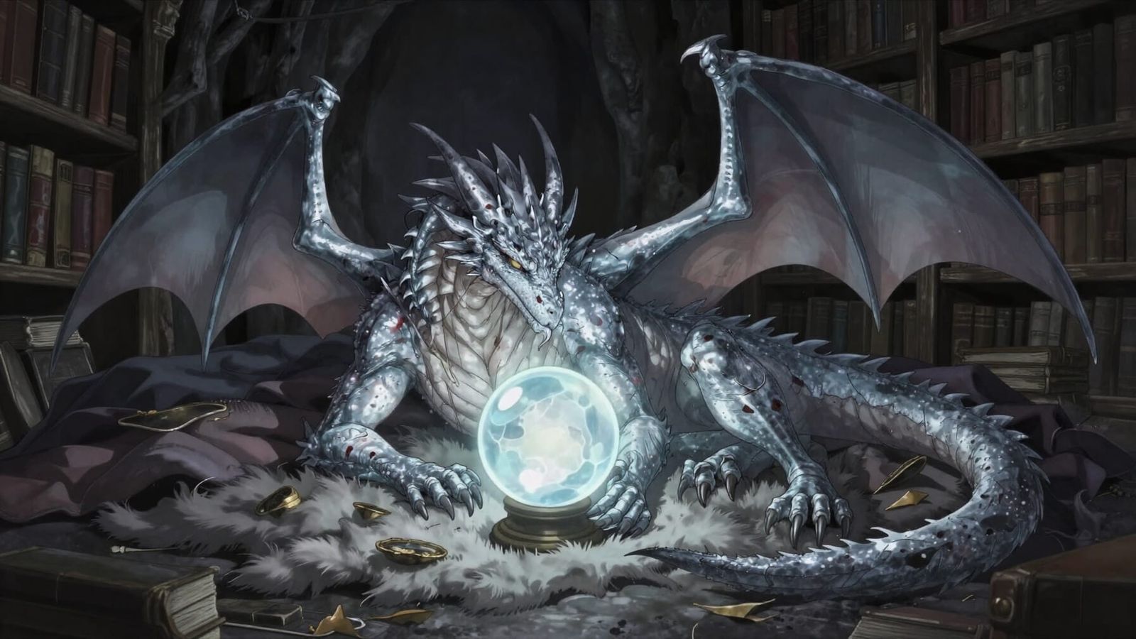 Sick Silver Dragon Gazes into Crystal Ball in Library