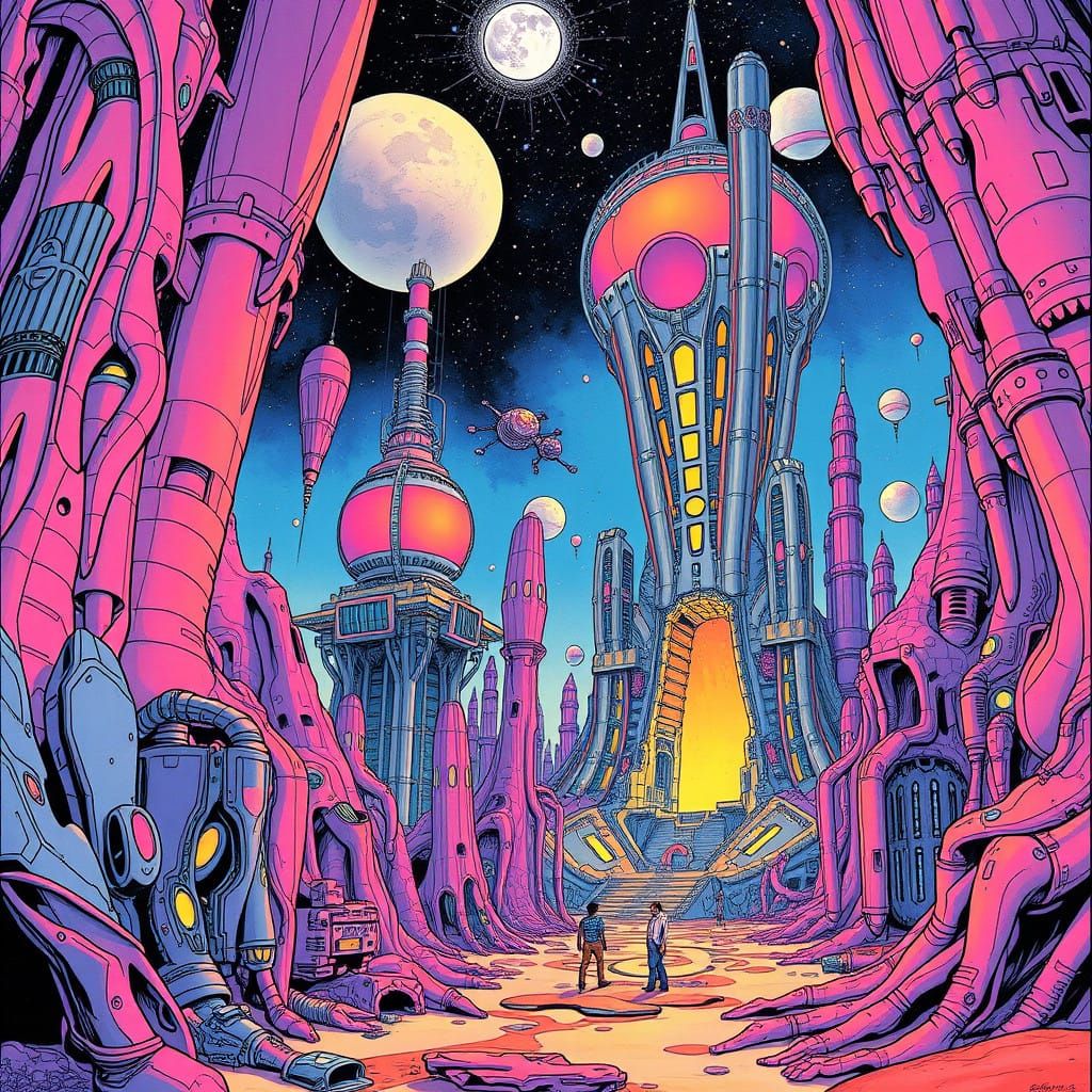 Surreal Cosmic Dreamscape in Vibrant Biomechanical Style