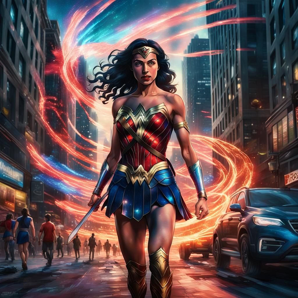 Wonder Woman in City with Magic Aurora