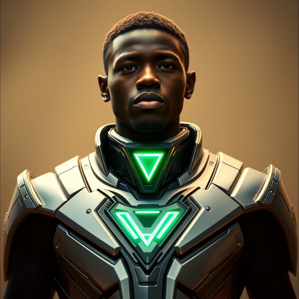 Metallic Silver Warrior in Neon Green Emblem, High-Contrast...