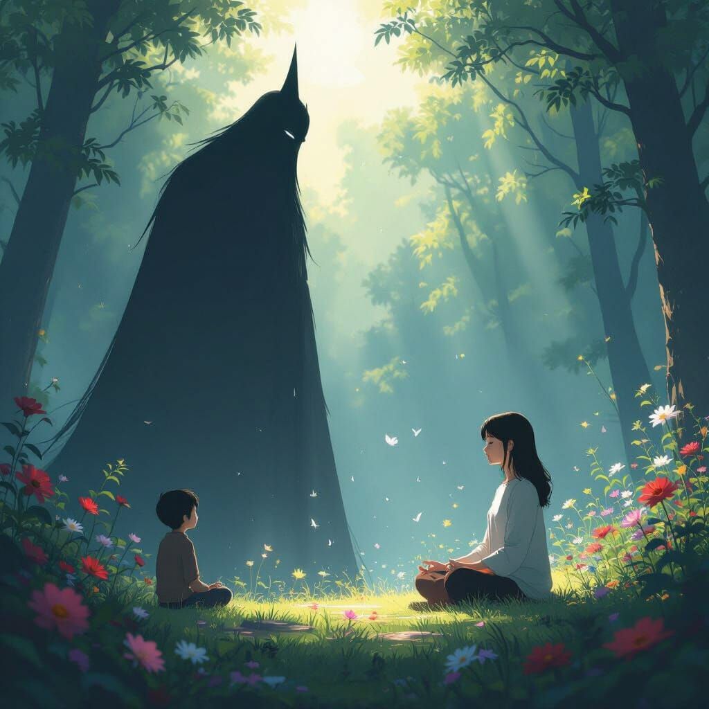 Inner Peace vs. Shadowy Dominance: A Cinematic Anime Scene