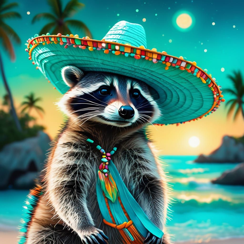 Raccoon in Turquoise Sombrero: Photorealistic Tropical Art