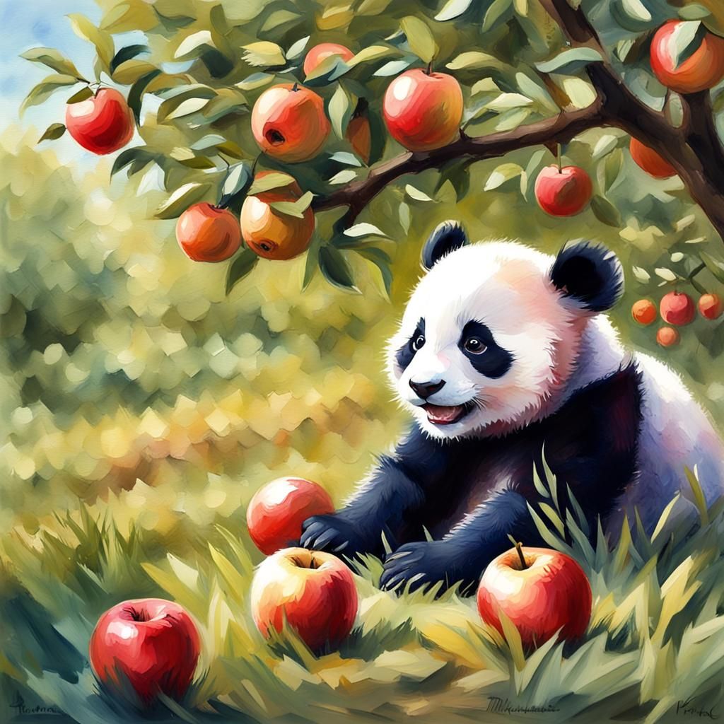 Panda Cub in Orchard: Gouache Impressionist Painting