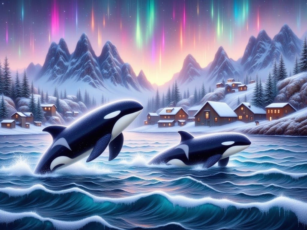 Orcas Leaping in Lofoten Islands Winter Landscape