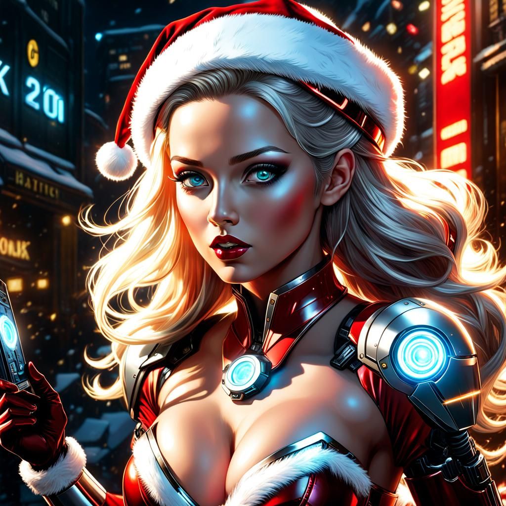 Female Santa Claus cyborg is charging her batteries