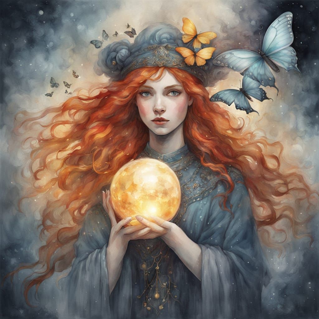 Ethereal Sorceress with Celestial Hat and Golden Orb