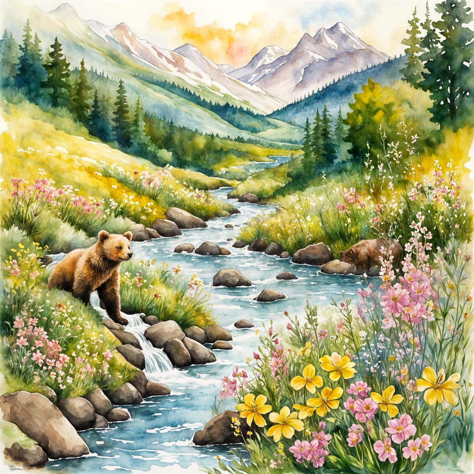 Vibrant Spring Countryside Scene in Watercolour Style