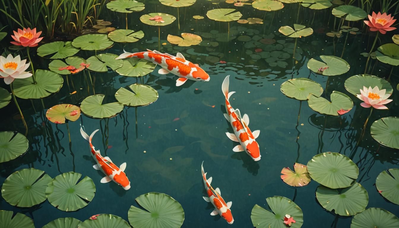 Koi fish swim in harmony around lily pads in a tranquil pond.
