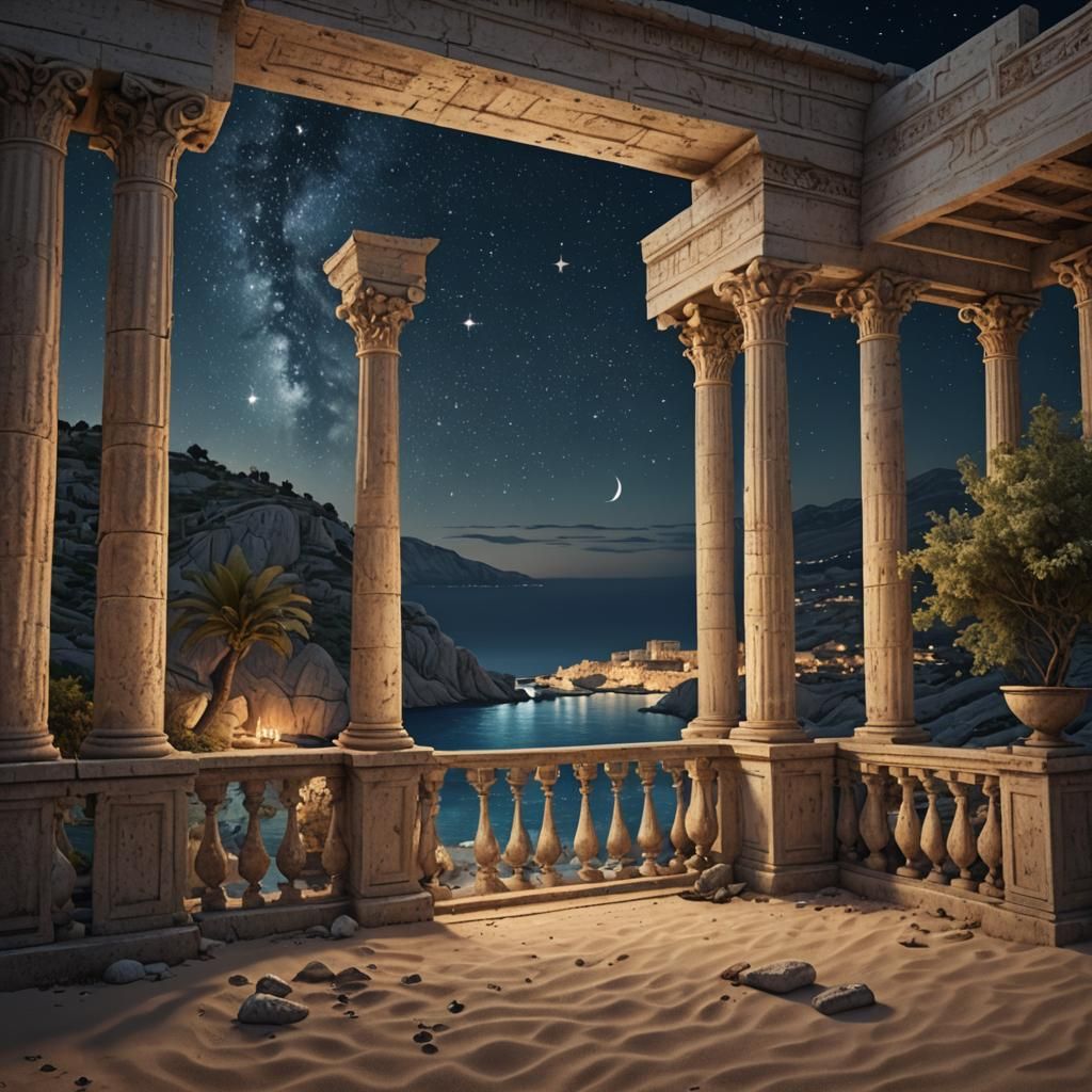 Greek Balcony Under Starry Sky: Fantasy Art