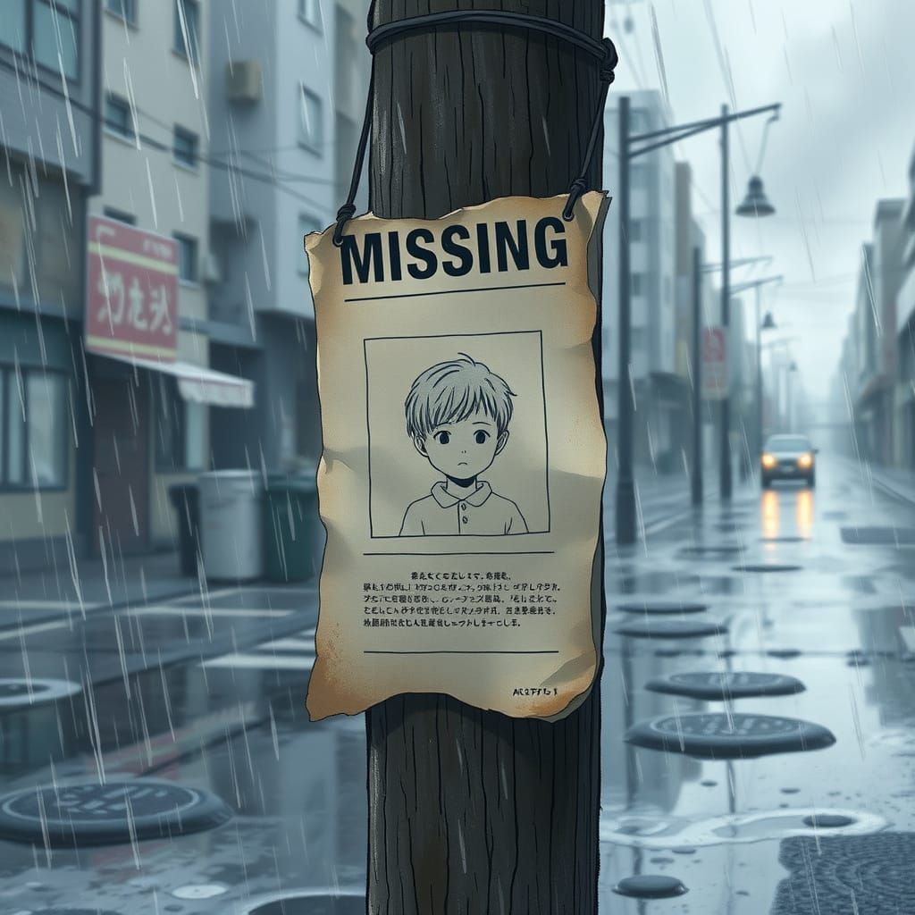 Weathered Missing Child Poster in Anime Key Visual Style
