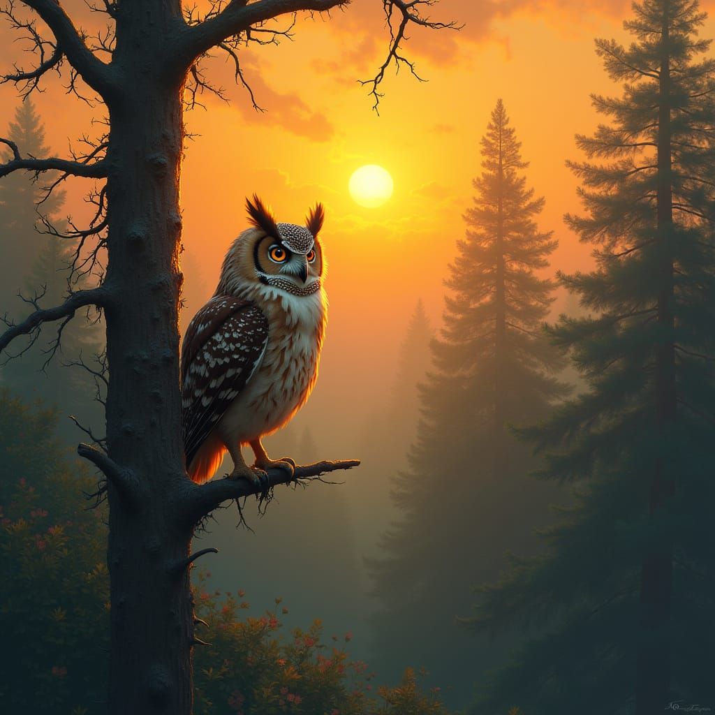 Ornate Owl Perched at Sunrise, Digital Art