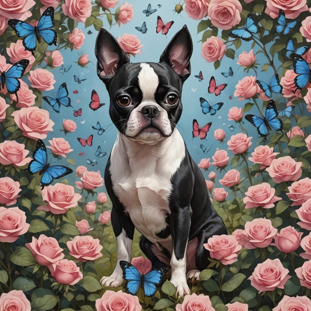 Anime Boston Terrier in Rose Field