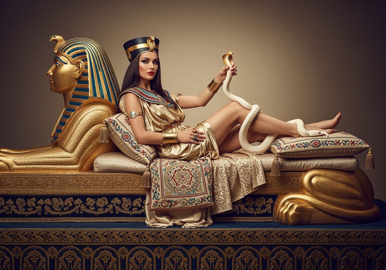 Egyptian Queen Lounging on a Golden Sphinx Chaise