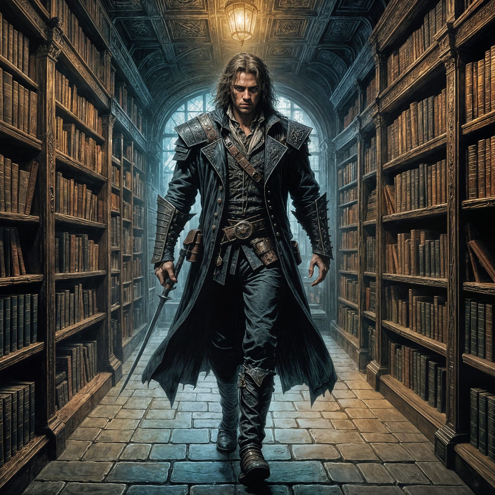 Scarred Adventurer in Sinister Library: Dark Fantasy Art