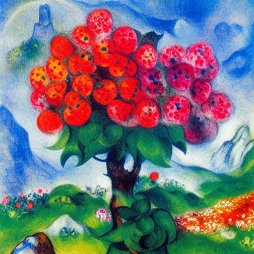 Whimsical Cloudberries in Surrealist Mountain Landscape