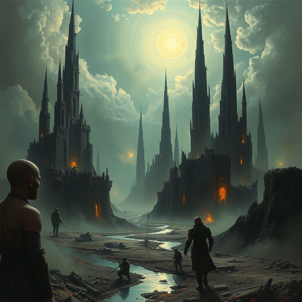 Surreal Metaphysical Landscape with Crumbling Towers and Dis...