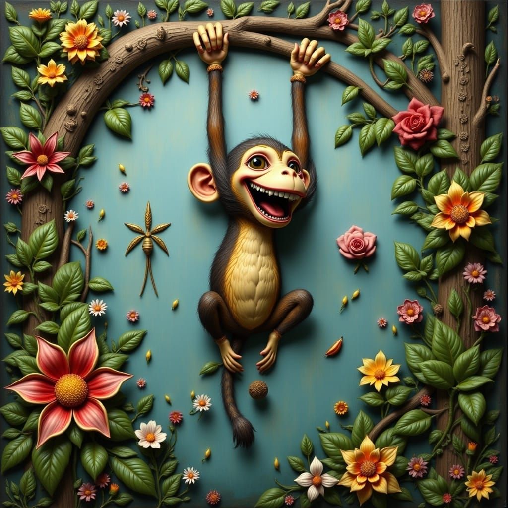Vibrant Surrealist Monkey in Tropical Jungle