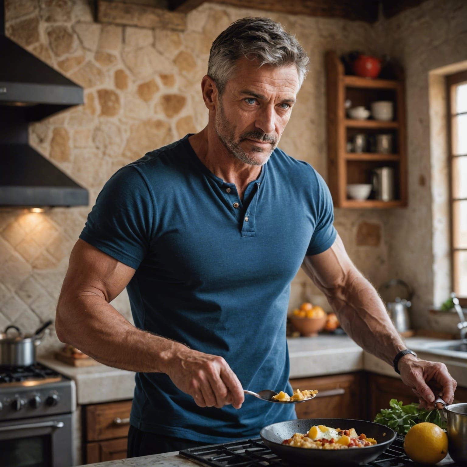 Handsome Italian Man Cooking Breakfast in Tuscany