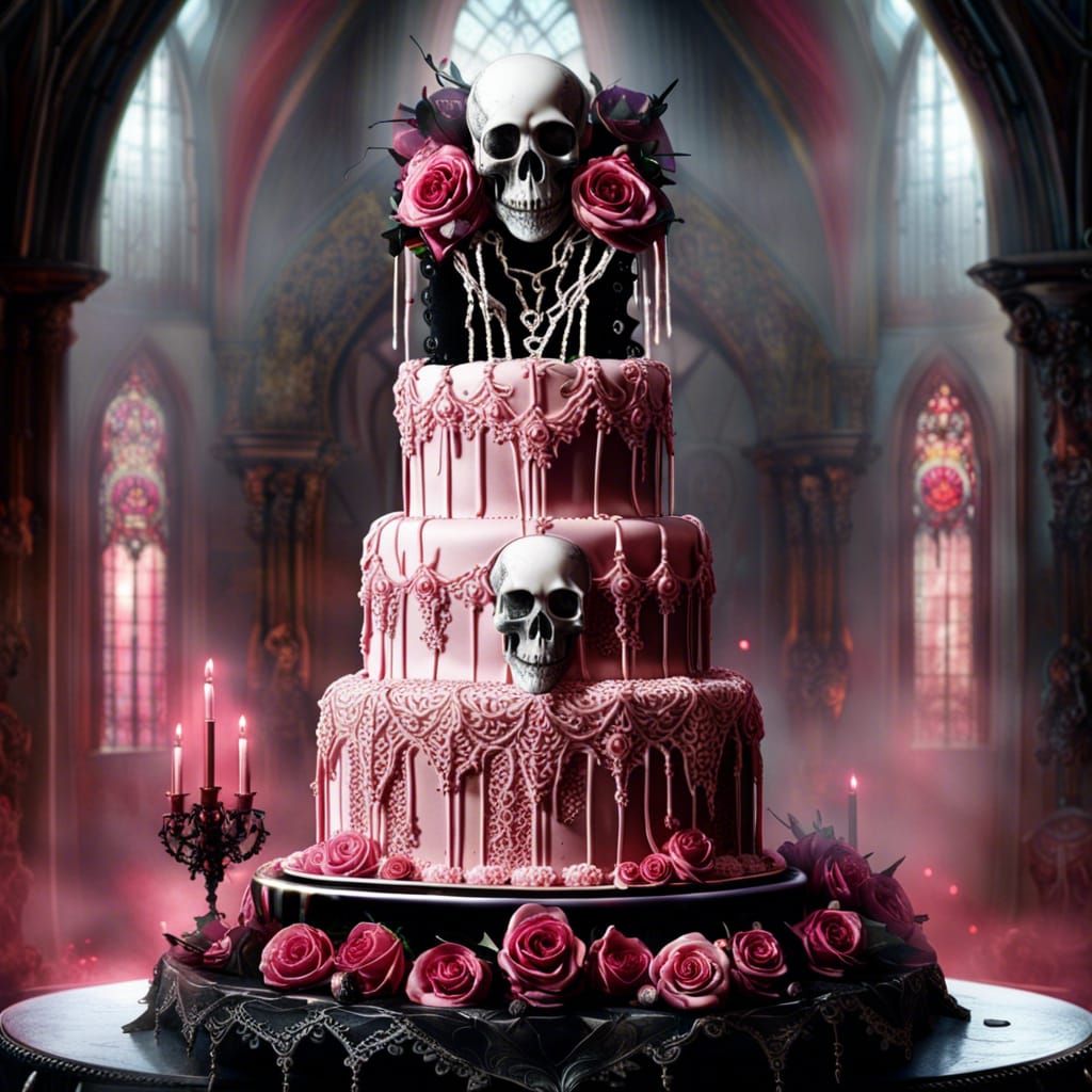 Gothic Pink Wedding Cake with Skulls and Roses