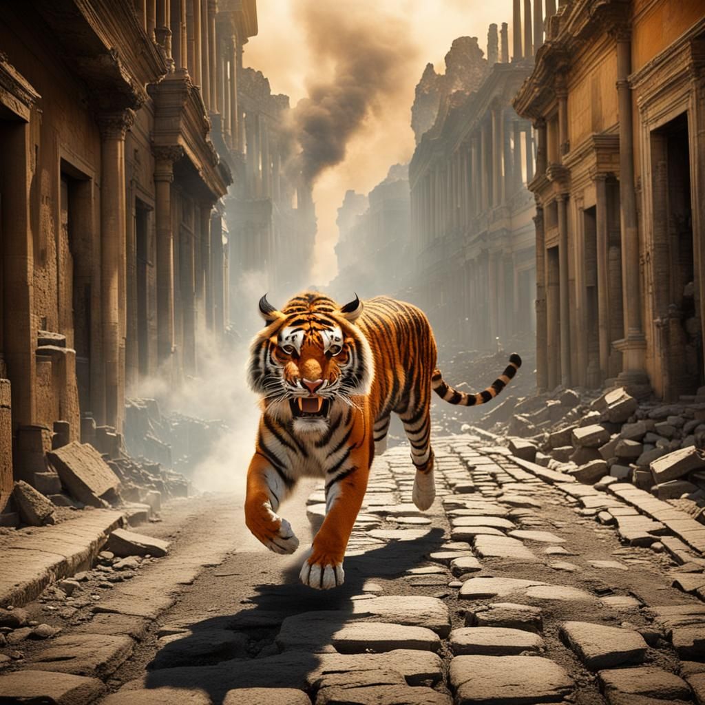 Tiger Runs Through Pompeii During Eruption
