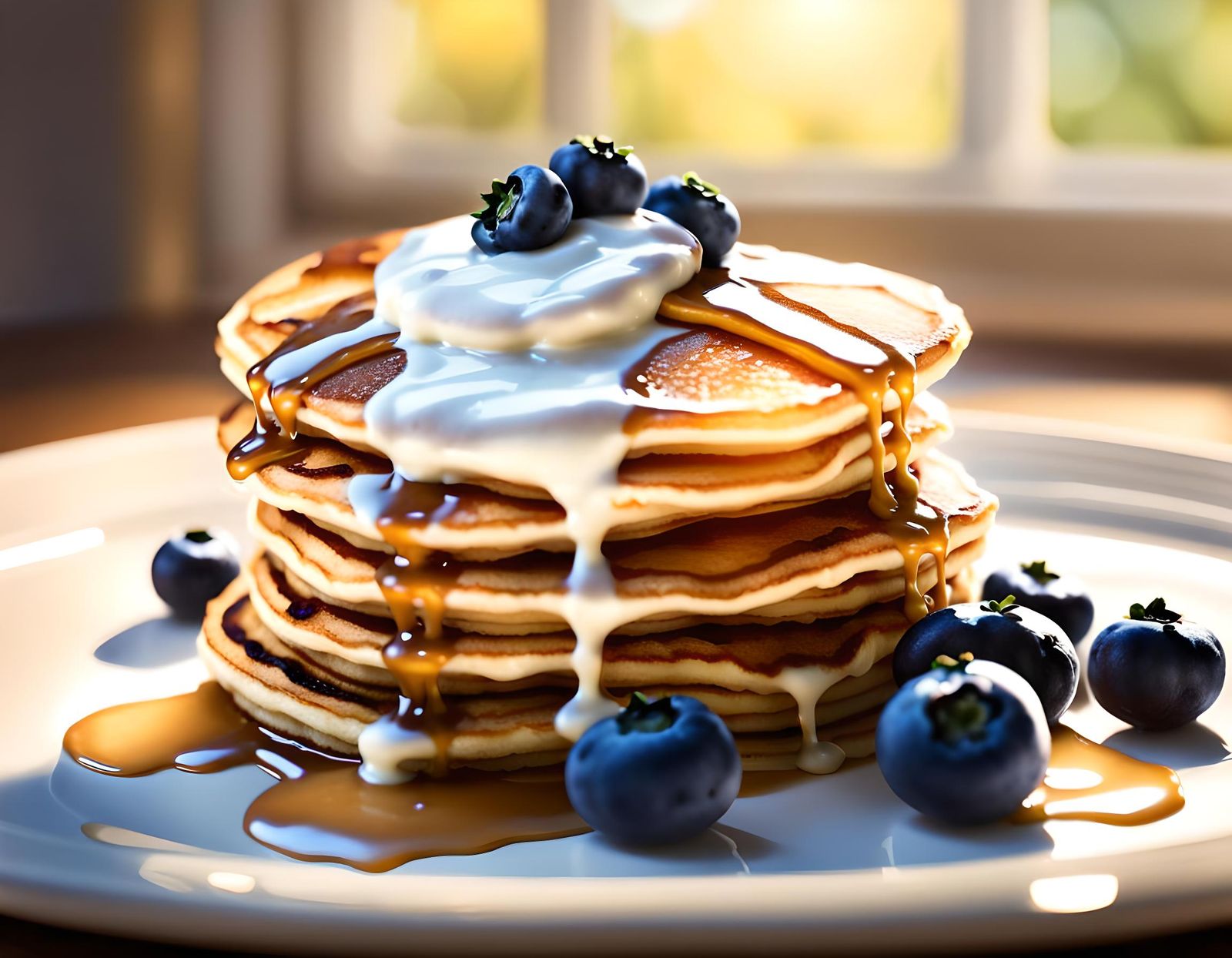 Fluffy Pancakes with Blueberries in Morning Light