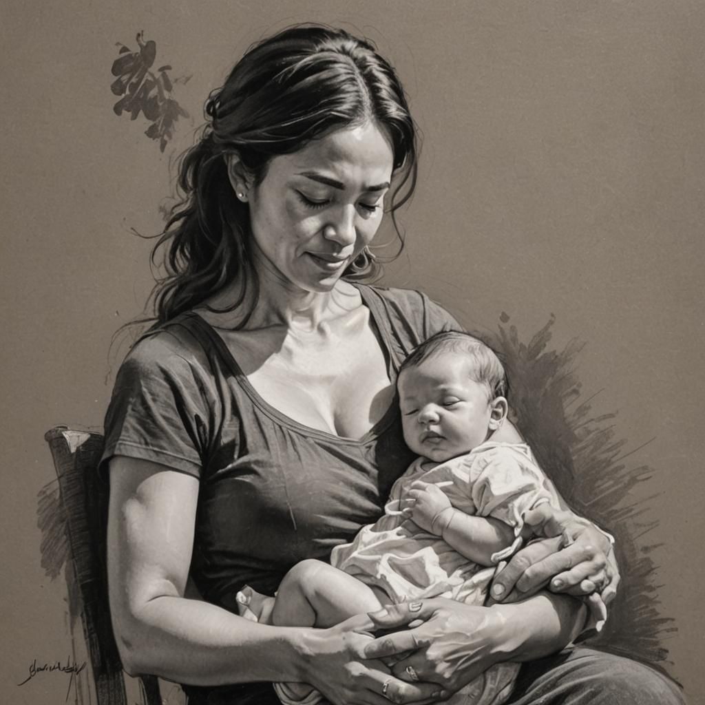 Latina Mom Breastfeeding Baby as Oil Painting