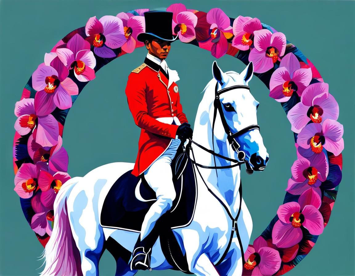 Dressage Portrait with Orchid Wreath in Acrylic Style
