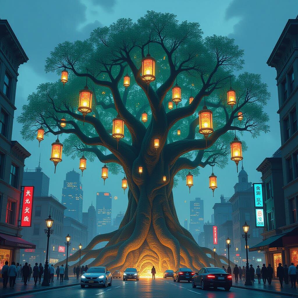 Ancient Tree in Metropolis: Hyperrealistic ArtStation Concep...