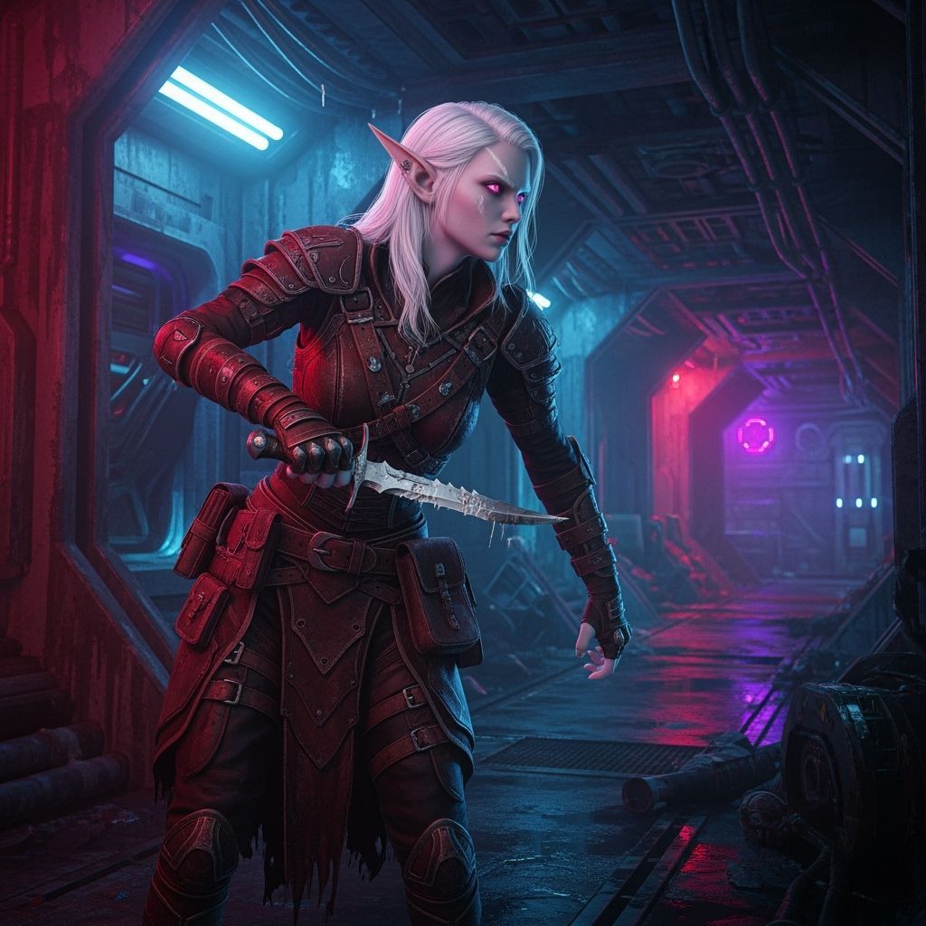 Albino Elf Navigating Cyberpunk Corridor